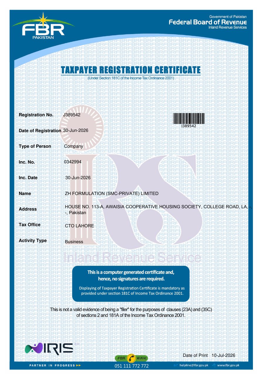 FBR Taxpayer Registration Certificate of ZH Formulation (SMC-Private) Limited