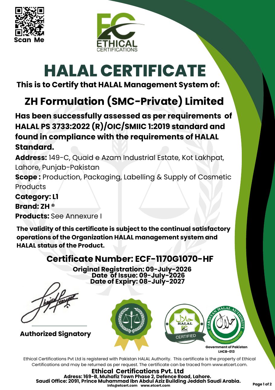 Halal Certificate issued to ZH Formulation (SMC-Private) Limited under PS 3733:2022 and OIC/SMIIC 1:2019