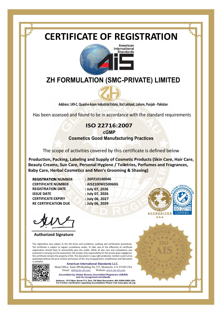 ISO 22716:2007 and cGMP Certificate of Registration issued to ZH Formulation (SMC-Private) Limited