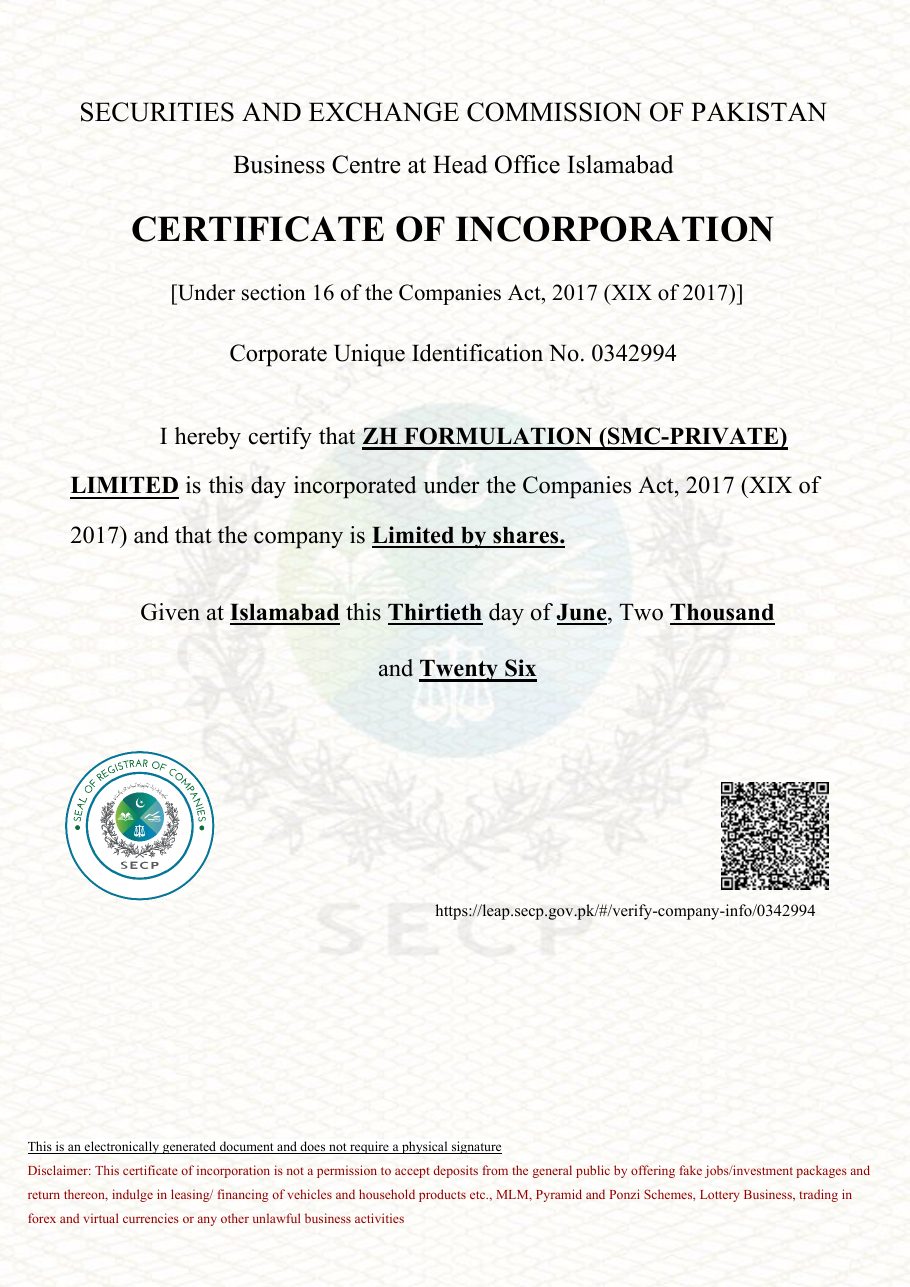 SECP Certificate of Incorporation of ZH Formulation (SMC-Private) Limited under the Companies Act 2017